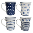 Le Petite ceramic mugs set of 4 featuring assorted blue and white floral, striped and heart designs.