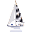 Decorative blue and white LED sailboat illuminated with warm lights, featuring striped fabric sails and coastal nautical styling.