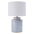 blue and white porcelain table lamp with trellis pattern and white fabric shade