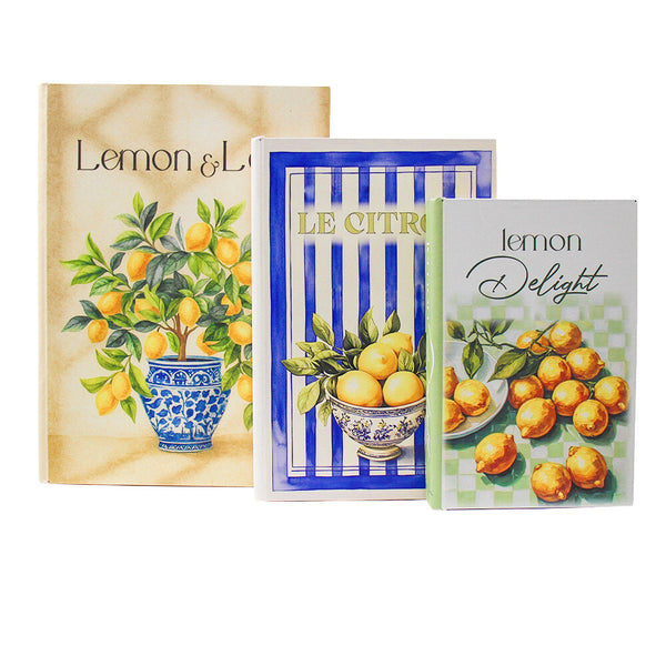 Lemon Grove decorative book boxes set of three with yellow lemons, blue accents and illustrated covers