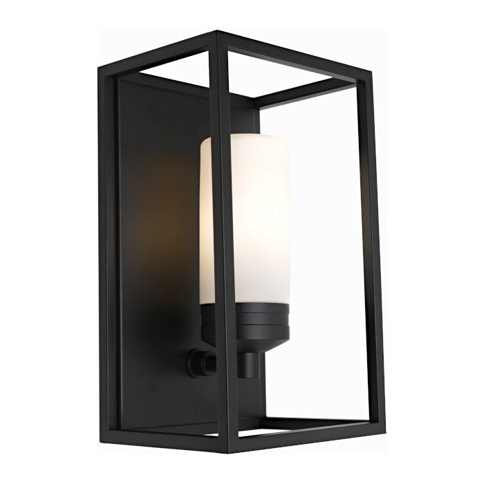 Liam Black Exterior Wall Light with matte black geometric frame and softly illuminated opal glass shade.