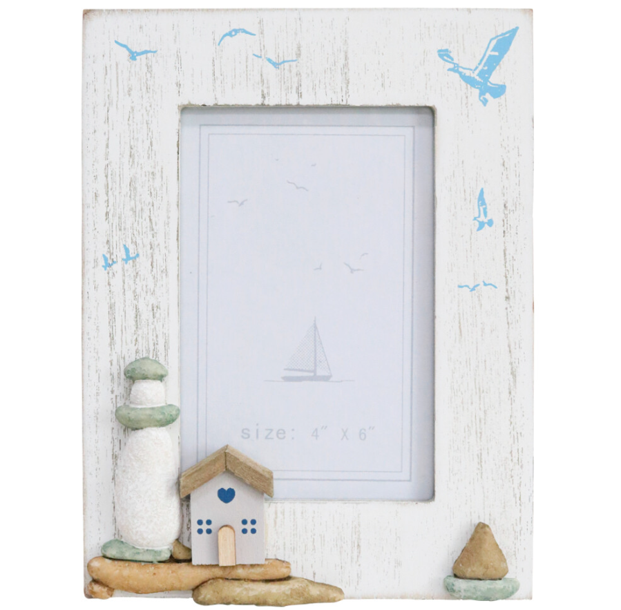 Lighthouse Photo Frame 4x6 in distressed white wood with blue seagulls, lighthouse and coastal cottage details