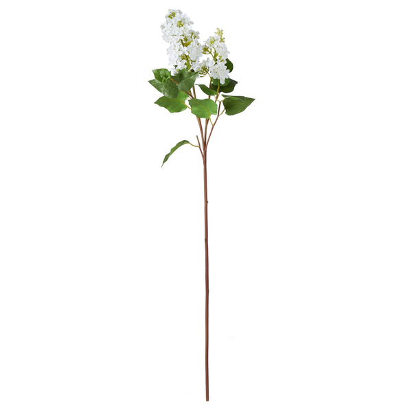 White faux lilac spray stem with delicate blossoms and green foliage for Hamptons-style floral arrangements.