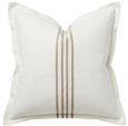 White linen cushion with taupe embroidered stripe and flange edge