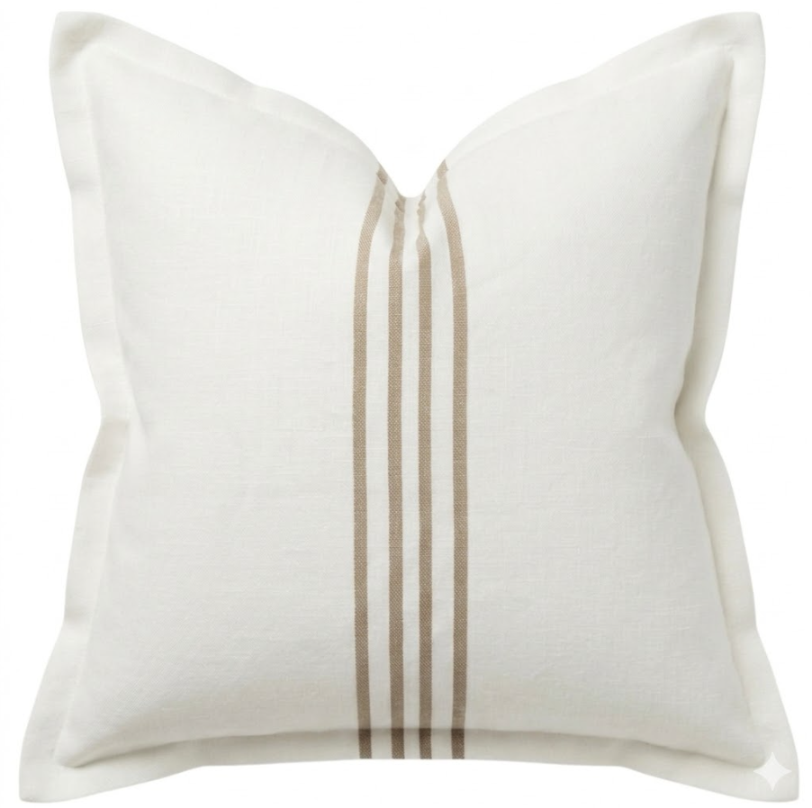 White linen cushion with taupe embroidered stripe and flange edge