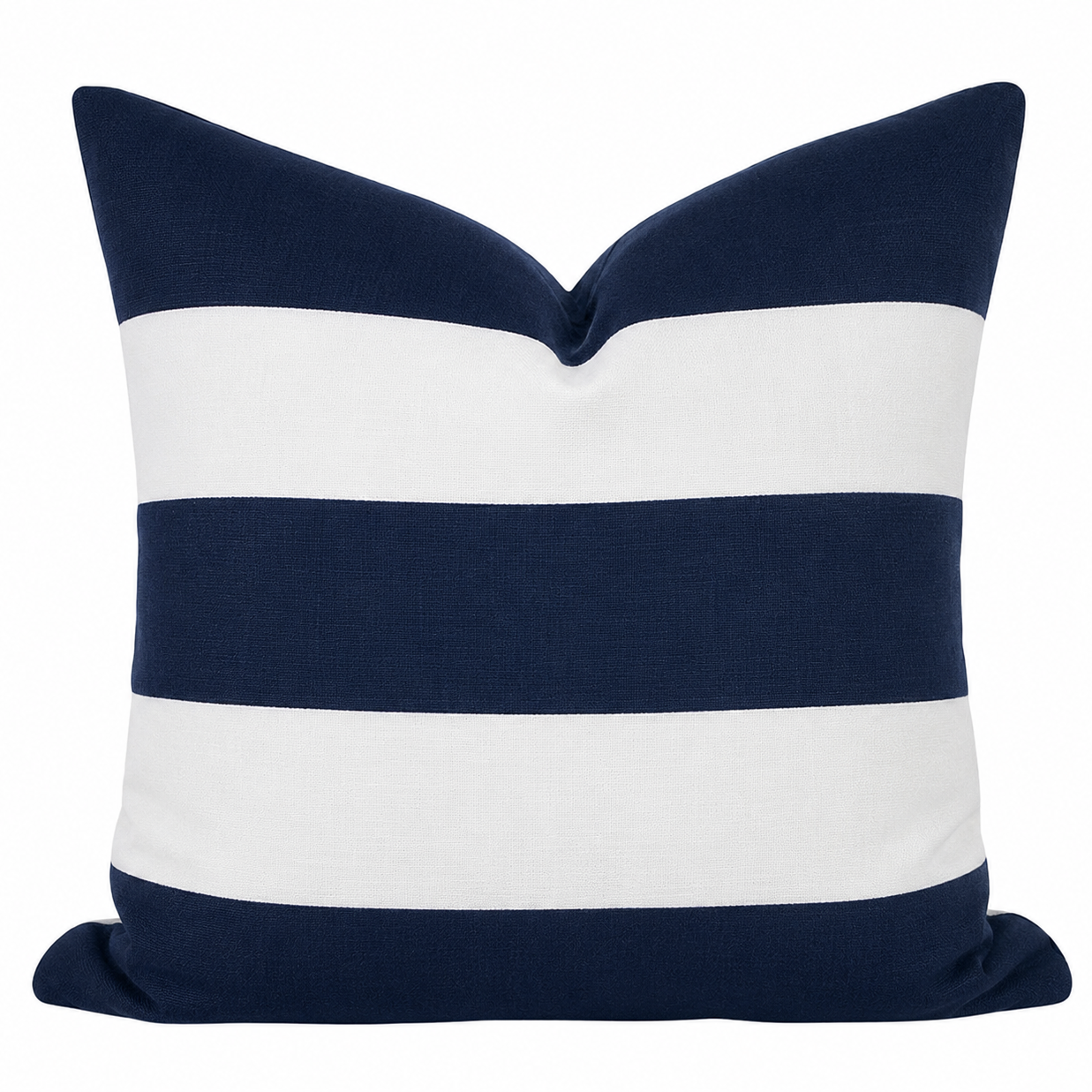 Navy and white striped linen cushion styled in a classic Hamptons coastal design.