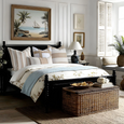 Linen Stripe Sand Cushion styled on a classic Hamptons bed with neutral cushions and natural rattan accents