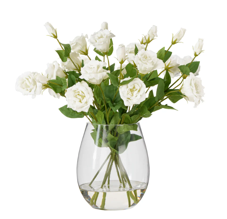 White lisianthus artificial flower arrangement in clear glass vase