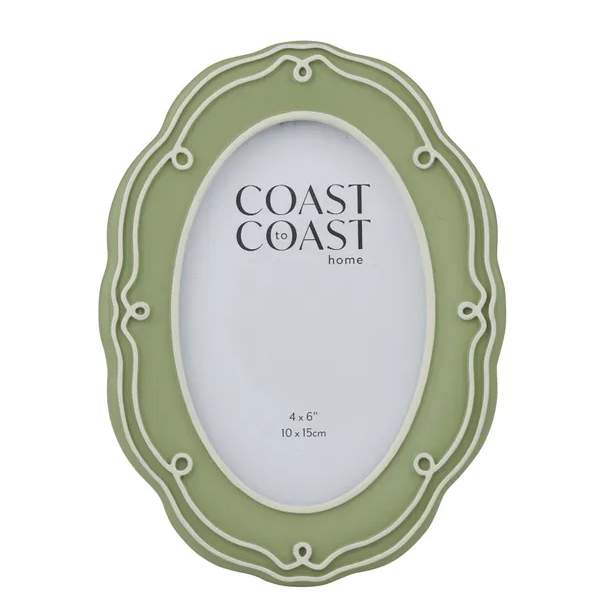Liza Sage Oval resin photo frame for 4x6 inch photographs with decorative sage green detailing for Hamptons and coastal homes.