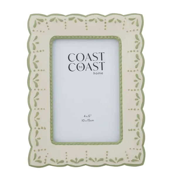 Liza sage scalloped resin photo frame for 4x6 inch photographs with decorative green detailing for Hamptons and coastal homes.