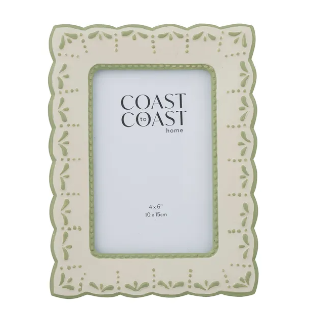 Liza sage scalloped resin photo frame for 4x6 inch photographs with decorative green detailing for Hamptons and coastal homes.