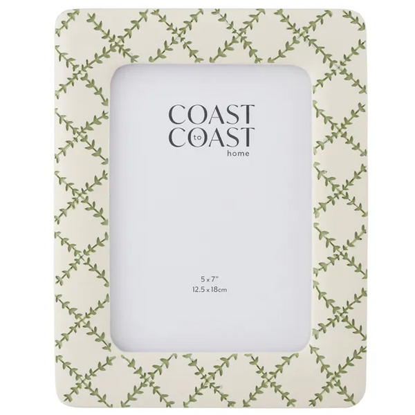 Liza Sage Vine resin photo frame for 5x7 inch photographs with delicate botanical detailing for Hamptons and coastal homes.