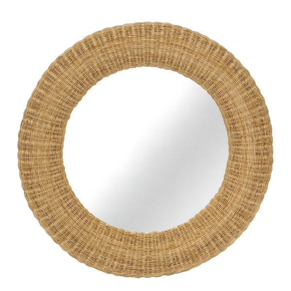 Long Island Round Rattan Mirror with natural woven frame, 100cm diameter, perfect for Hamptons or coastal-style interiors.