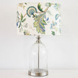 Front view of handmade floral fabric lampshade featuring elegant blue floral pattern