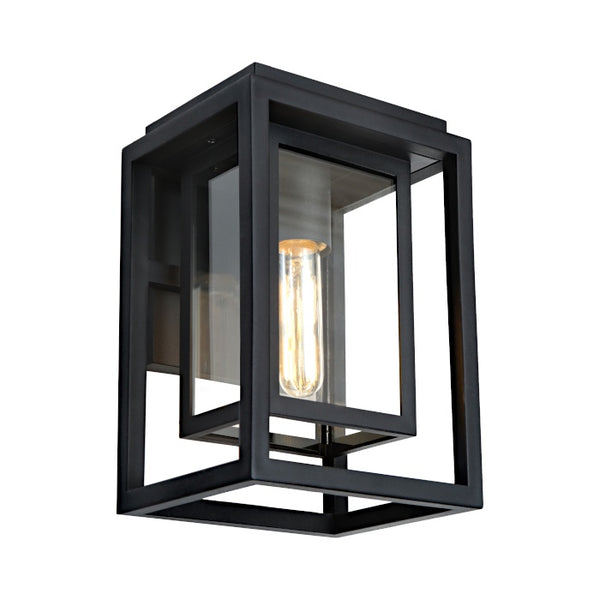 Luton Black Exterior Wall Light with geometric double-frame design, clear glass and visible decorative globe.