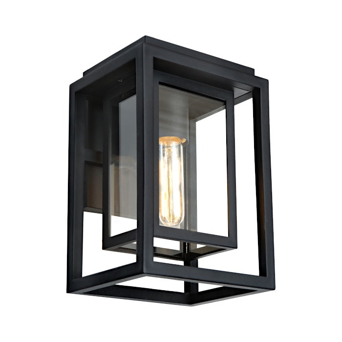 Luton Black Exterior Wall Light with geometric double-frame design, clear glass and visible decorative globe.