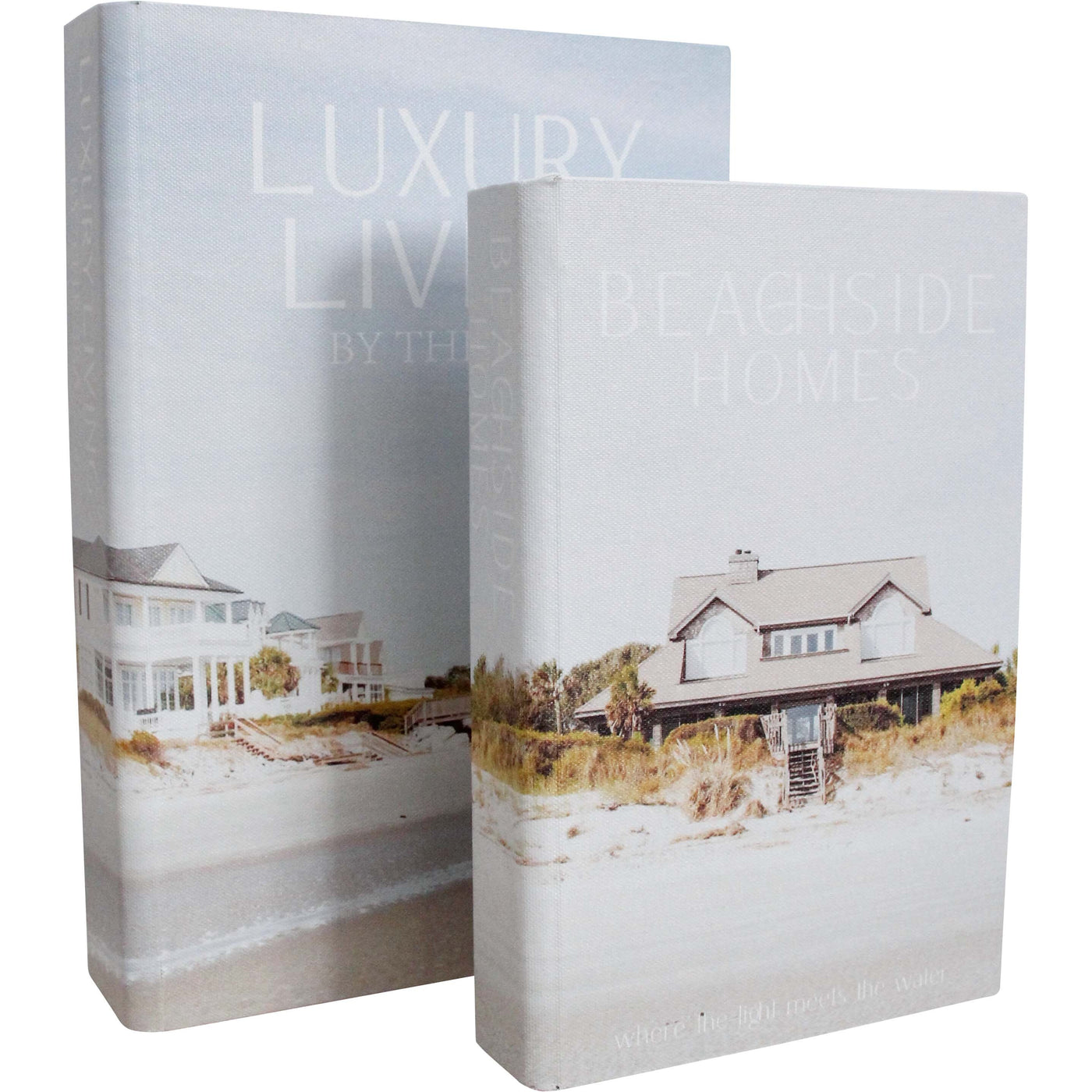 Luxury Homes decorative book box set of two with pale coastal architecture covers