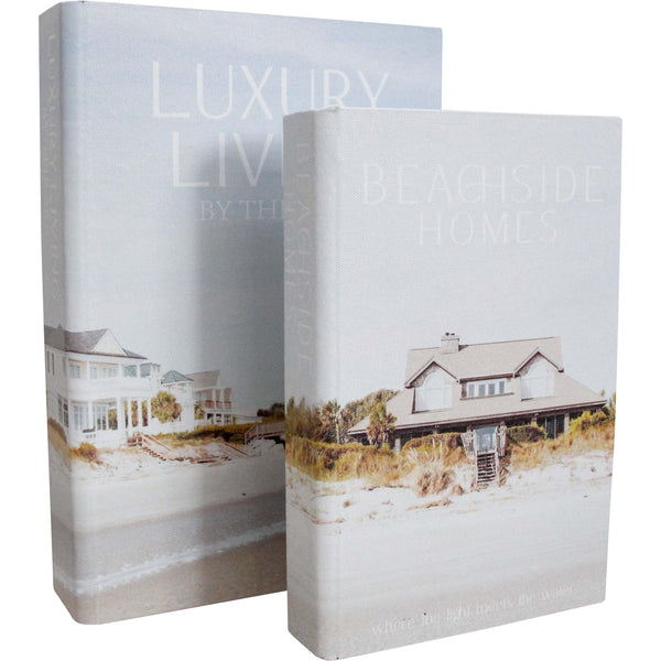 Luxury Homes decorative book box set of two with pale coastal architecture covers