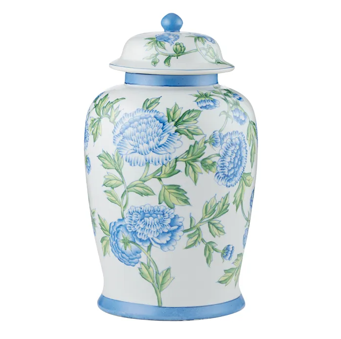Large Mabel blue floral ceramic ginger jar with hand-painted style blue chrysanthemums, green foliage and a decorative lidded design for Hamptons-style interiors.