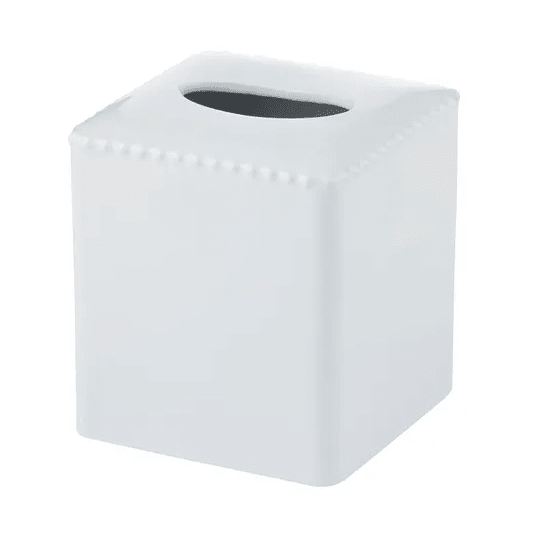 Maeve ceramic bathroom accessories collection featuring tissue box cover, tray, soap dish and tumbler in white ceramic