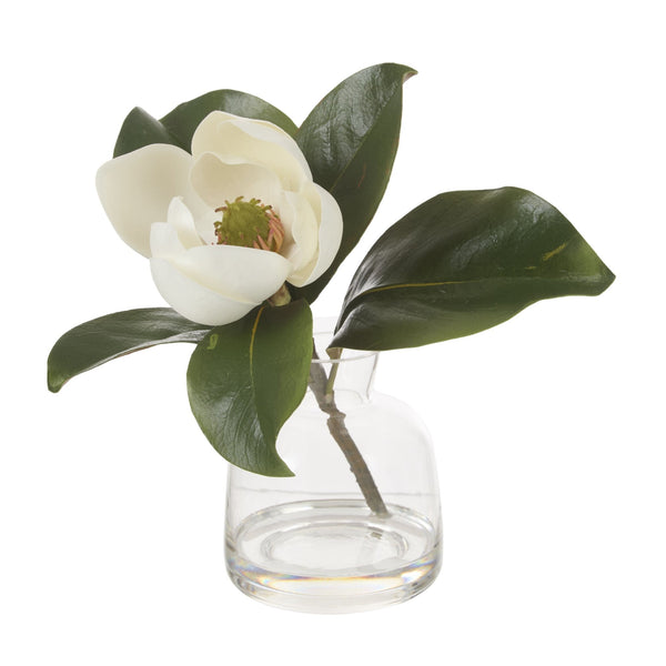 White magnolia stem arrangement in a clear glass vase with realistic green leaves and faux water detailing.