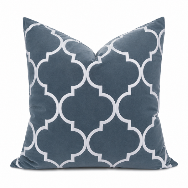 Malibu Ocean Cushion 55cm in soft ocean blue velvet with white geometric embroidery