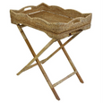 Angled view of Mandalay Scallop Butlers Tray showing woven rattan texture and foldable tray stand design