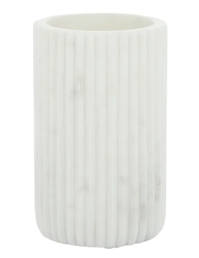 White marble utensil holder with ribbed texture in a classic Hamptons style kitchen decor setting