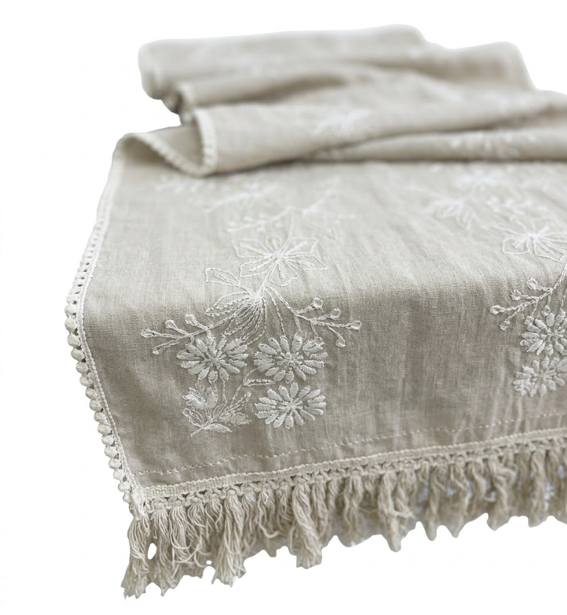 Natural embroidered table runner with fringe and tonal floral detail