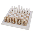 Angled view of Marble Inlay Chess Set White and Brown showing handcrafted marble pieces and board detail