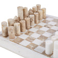 Close-up of handcrafted brown marble chess pieces on Marble Inlay Chess Set White and Brown