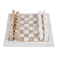 Top view of Marble Inlay Chess Set White and Brown with natural marble chess board and pieces