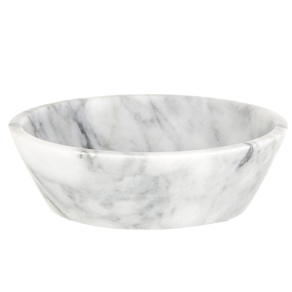 Medium white marble serving bowl with natural grey veining and a smooth handcrafted finish for elegant entertaining and table styling