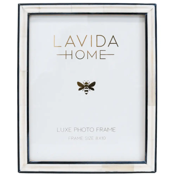 Black and ivory bone inlay photo frame designed to hold one 8x10 inch photograph, styled in a refined coastal and contemporary aesthetic.