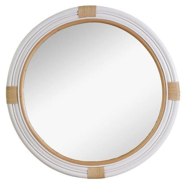 Marina Rattan Mirror featuring a handcrafted white rattan frame with natural twine accents and round coastal wall mirror design.