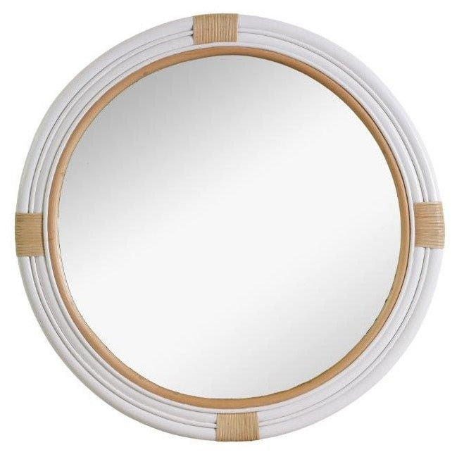 Marina Rattan Mirror featuring a handcrafted white rattan frame with natural twine accents and round coastal wall mirror design.