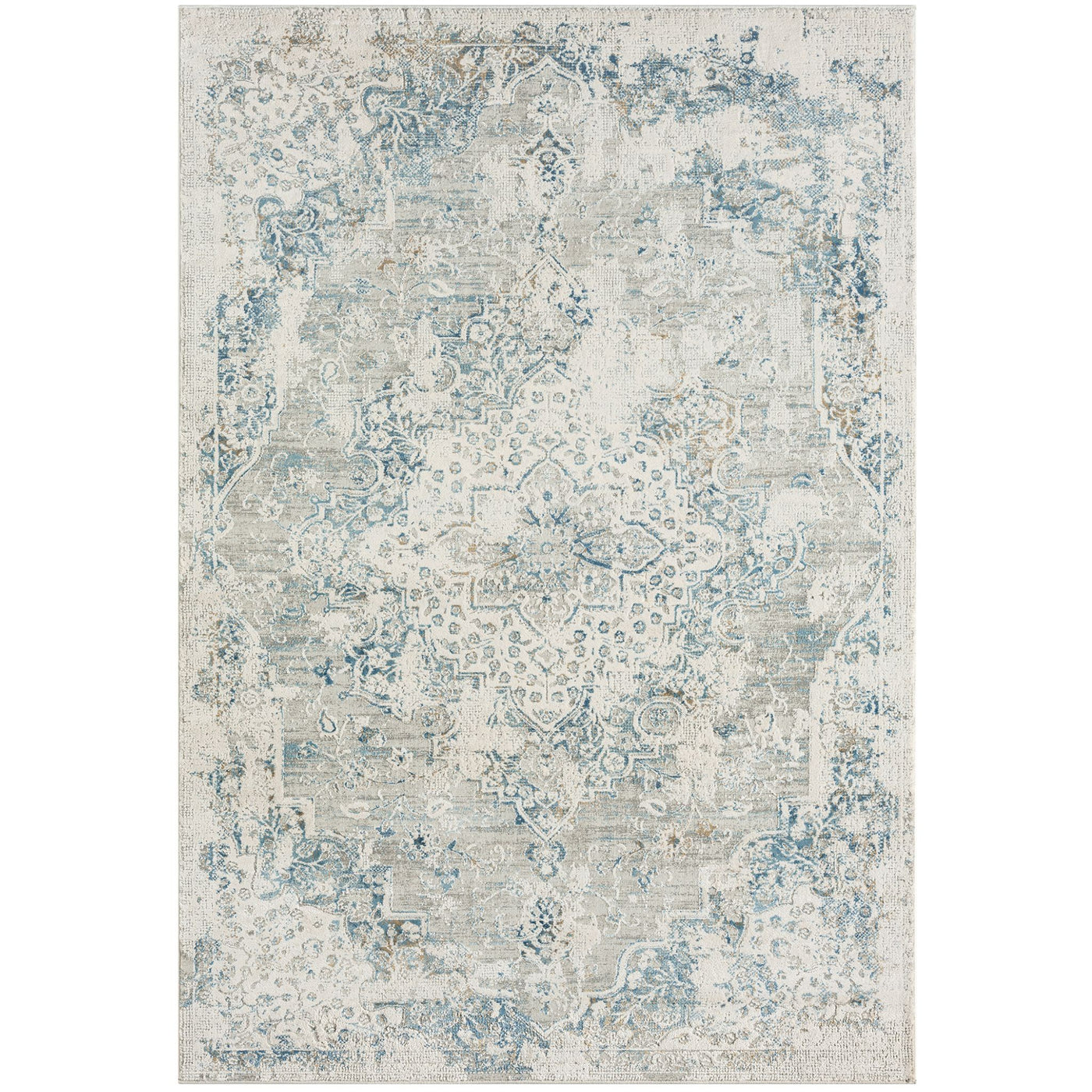 Marlowe Porcelain Rug in ivory, soft blue and pale grey with a distressed traditional medallion design.