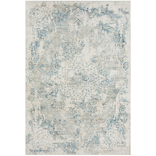 Marlowe Porcelain Rug in ivory, soft blue and pale grey with a distressed traditional medallion design.