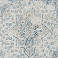 Detailed view of the Marlowe Porcelain Rug medallion design in porcelain blue, ivory, pale grey and muted gold.