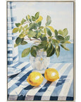 Mediterranean still life canvas with ceramic vase, greenery and lemons on blue striped tablecloth