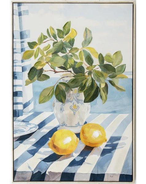 Mediterranean still life canvas with ceramic vase, greenery and lemons on blue striped tablecloth