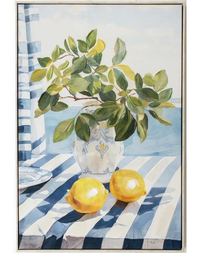 Mediterranean still life canvas with ceramic vase, greenery and lemons on blue striped tablecloth