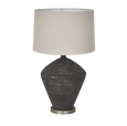 Meridien black ceramic table lamp with natural linen shade styled in a contemporary living space