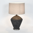 Close-up of Meridien black ceramic lamp base with textured natural linen shade