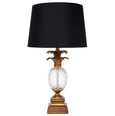 antique gold pineapple table lamp with black linen shade front view