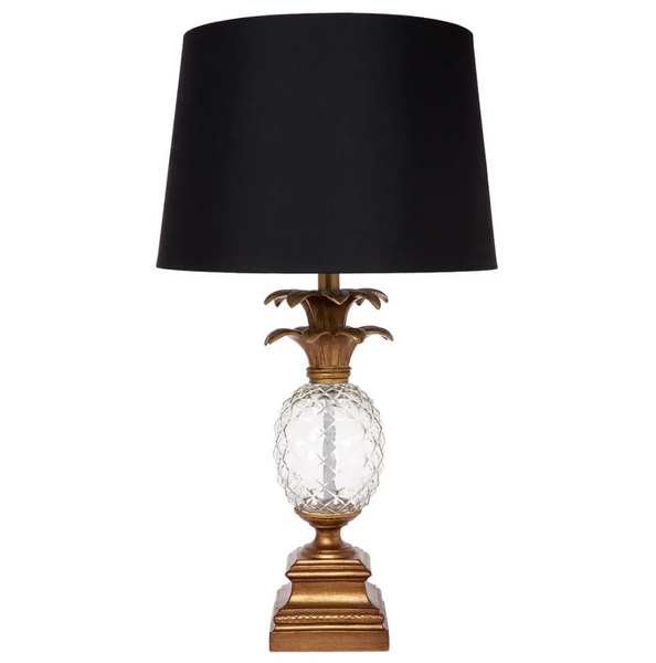 antique gold pineapple table lamp with black linen shade front view
