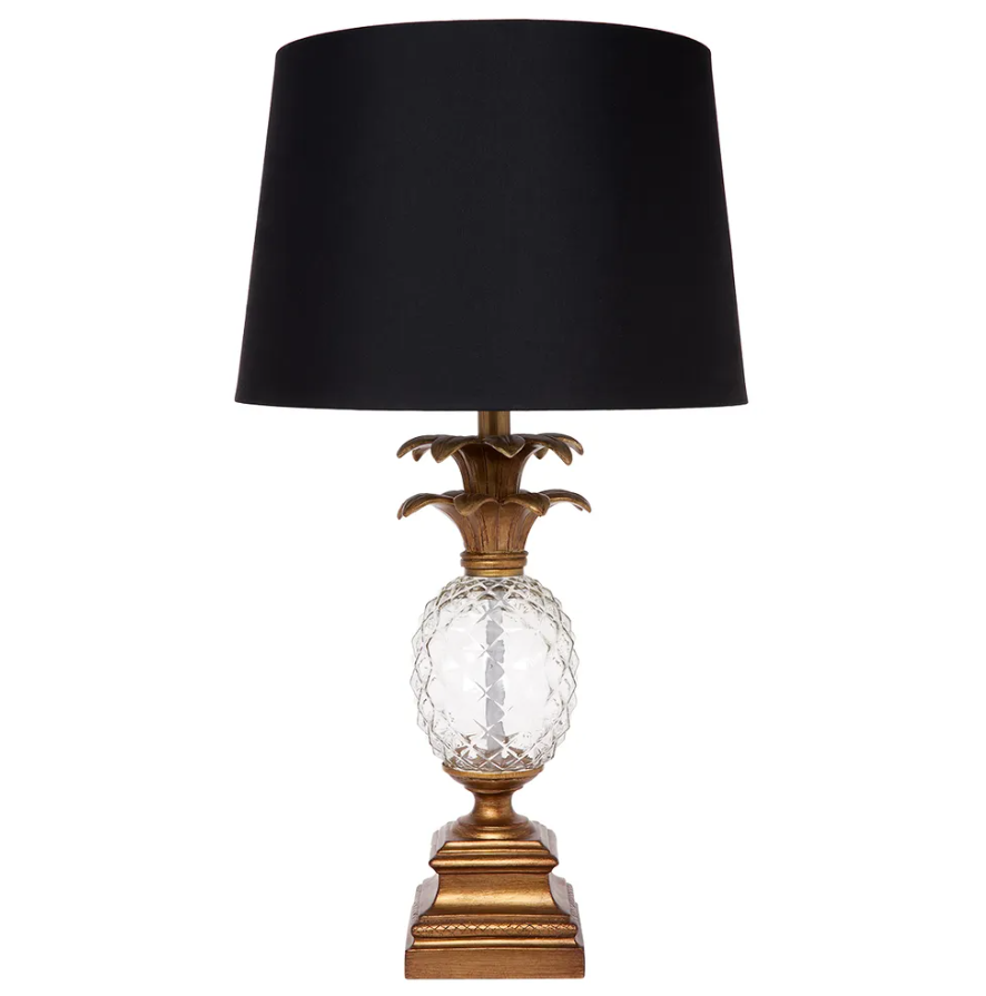 antique gold pineapple table lamp with black linen shade front view