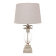 antique silver table lamp with glass pineapple base and linen shade front view
