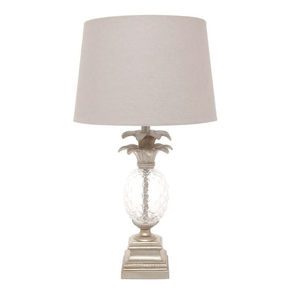 antique silver table lamp with glass pineapple base and linen shade front view
