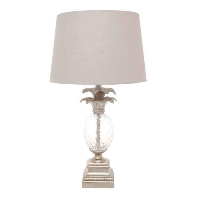 antique silver table lamp with glass pineapple base and linen shade front view
